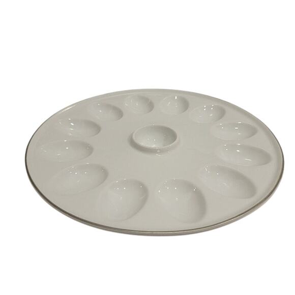 Williams Sonoma Devil Egg Ceramic Platter 12 Count White Gold Trim Serving Dish - Picture 4 of 7